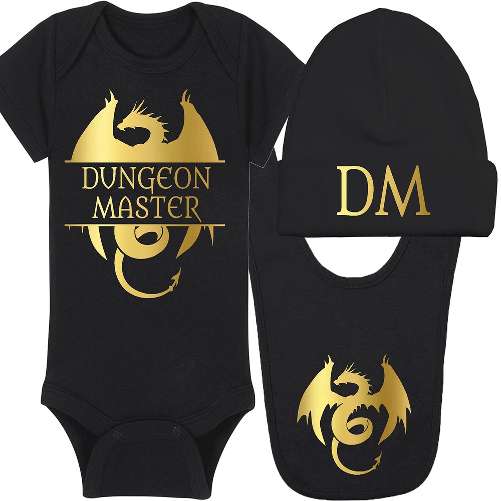 Gaming Baby Onesie and Blanket - Dungeon Master with Dragon - Dragon (3-6 Month - Black Fabric - Gold Design)