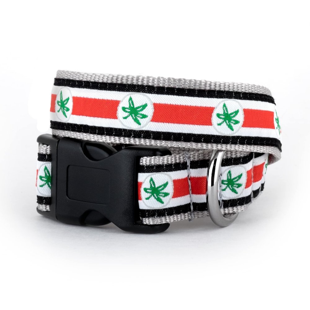 THE WORTHY DOG Ohio State Helmet Decal Dog Collar  Durable Nylon with Woven Ribbon & Quick-Release Buckle, Multicolored, Small