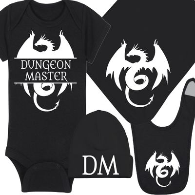 Gaming Baby Onesie and Blanket - Dungeon Master with Dragon - Dragon (3-6 Month - Black Fabric - White Design)