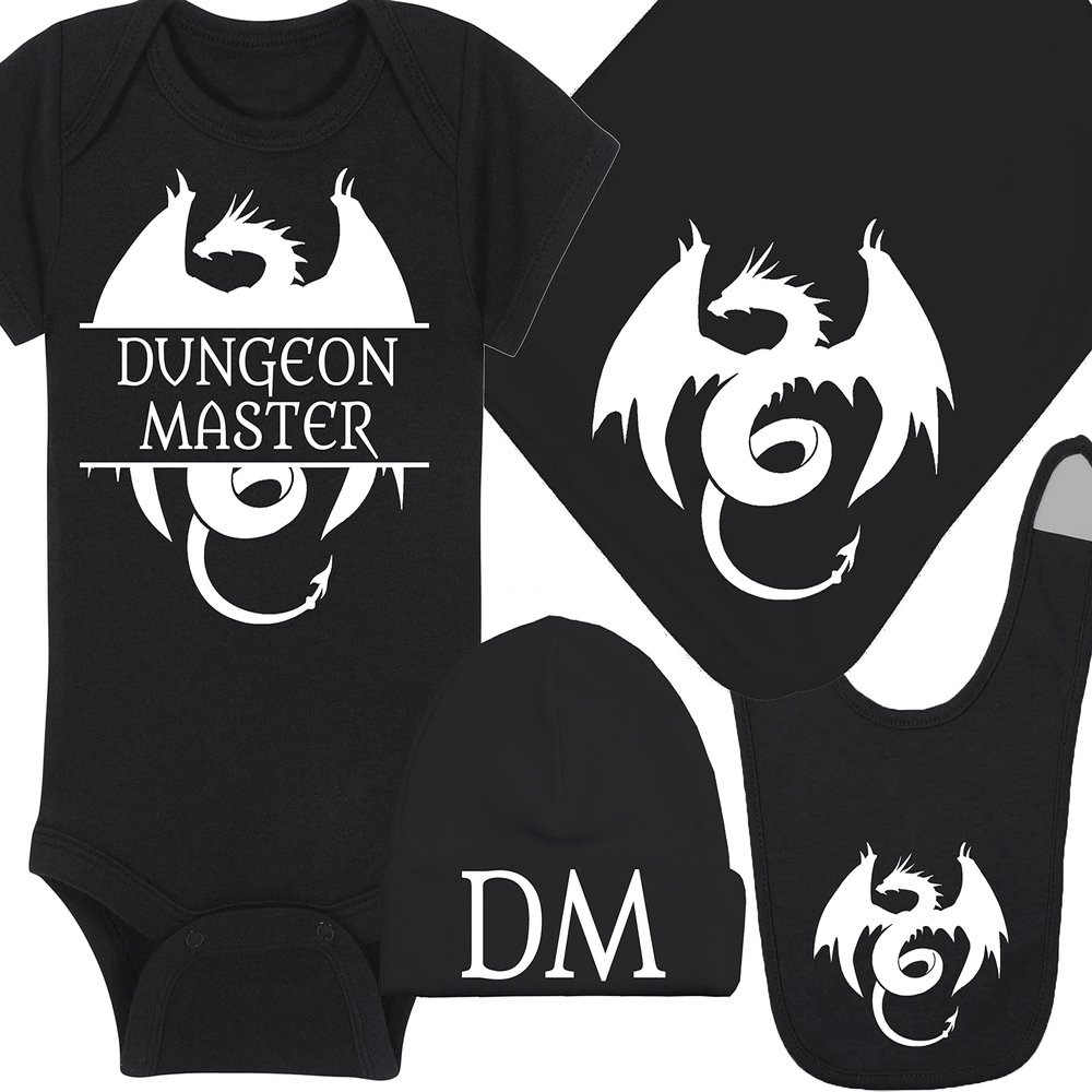 Gaming Baby Onesie and Blanket - Dungeon Master with Dragon - Dragon (3-6 Month - Black Fabric - White Design)