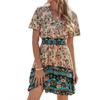 Women Boho Floral Mini Dress Wrap Short Sleeve Flowy Summer Dress Tiered Ruffle High Elastic Waist A Line Short Dress (Pink, XL) view 1