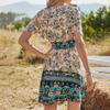 Women Boho Floral Mini Dress Wrap Short Sleeve Flowy Summer Dress Tiered Ruffle High Elastic Waist A Line Short Dress (Pink, XL) view 2