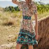 Women Boho Floral Mini Dress Wrap Short Sleeve Flowy Summer Dress Tiered Ruffle High Elastic Waist A Line Short Dress (Pink, XL) view 3