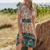 Women Boho Floral Mini Dress Wrap Short Sleeve Flowy Summer Dress Tiered Ruffle High Elastic Waist A Line Short Dress (Pink, XL) view 4
