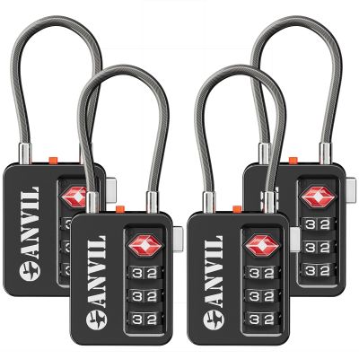 ANVIL TSA Locks for Luggage with Search Alert: Durable Cable Combination Locks, TSA Approved - Secure Travel Locks for Suitcases, Backpacks & Gun Cases (4, Black)