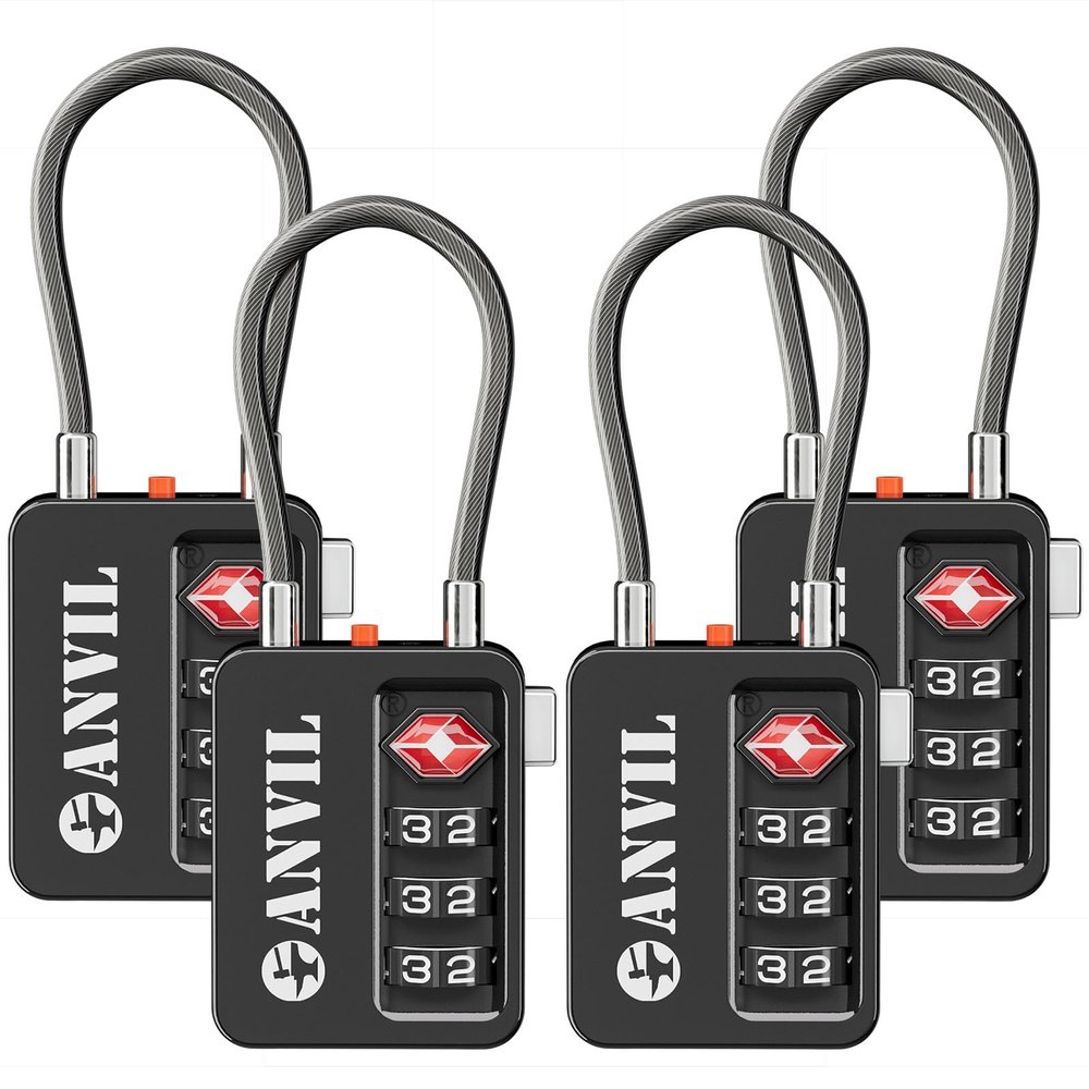 ANVIL TSA Locks for Luggage with Search Alert: Durable Cable Combination Locks, TSA Approved - Secure Travel Locks for Suitcases, Backpacks & Gun Cases (4, Black)