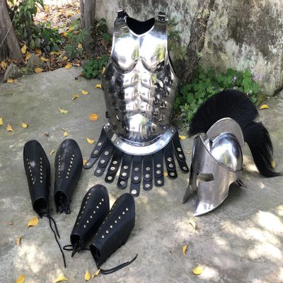 Nautical-Mart Medieval Roman King Leonidas 300 Spartan Helmet W/Black Plume + Muscle Body Armor Cuirass +Leather Leg Greaves Arm Bracer Halloween Costume LARP (Silver Spartan Set)