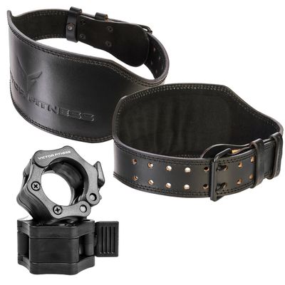 Dual Prong 10mm Thick 4" Wide Leather Cylinder Weight Lifting Belt + Set of 2 Quick Release Lock Barbell/Dumbbell Locking Collar Clamps (XL)