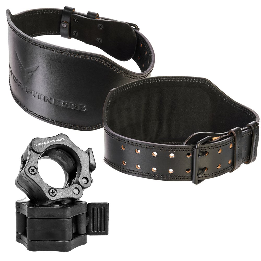 Dual Prong 10mm Thick 4" Wide Leather Cylinder Weight Lifting Belt + Set of 2 Quick Release Lock Barbell/Dumbbell Locking Collar Clamps (Medium)