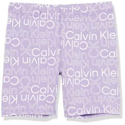 Calvin Klein Girls' Performance Bike Shorts, Soft & Stretchy with Flat Waistband & Snug Fit, Violet Tulip Logo, 16