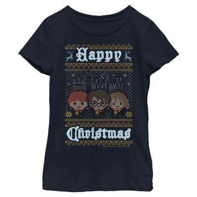 Harry Potter Girl's Chibi Intarsia T-Shirt, Navy, X-Large