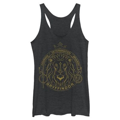 Harry Potter Warner Brothers and The Deathly Hallows Gryffindor Line Art Symbol Women's Fast Fashion Racerback Tank Top Black Heather