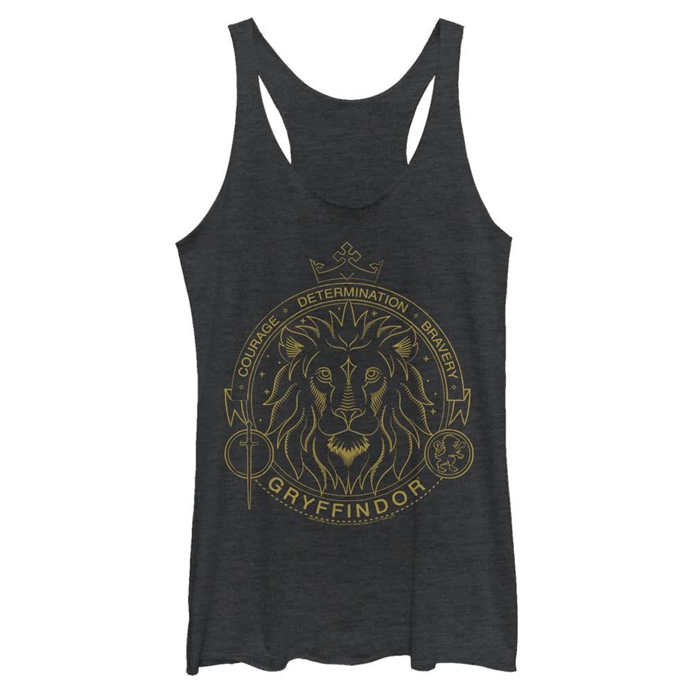 Harry Potter Warner Brothers and The Deathly Hallows Gryffindor Line Art Symbol Women's Fast Fashion Racerback Tank Top Black Heather