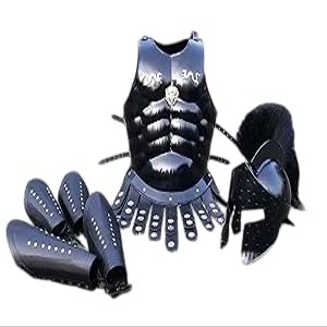 Nautical-Mart Medieval Roman King Leonidas 300 Spartan Helmet W/Black Plume + Muscle Body Armor Cuirass +Leather Leg Greaves Arm Bracer Halloween Costume LARP (Black Spartan Set)
