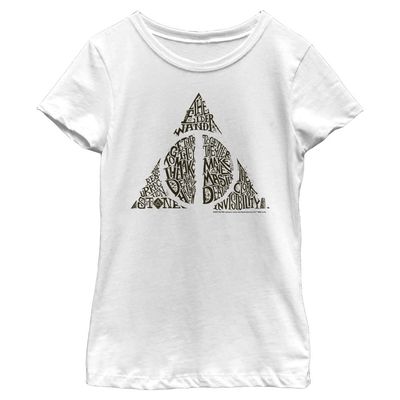 Harry Potter Girl's Deathly Hallows Text Symbol T-Shirt, White, Medium