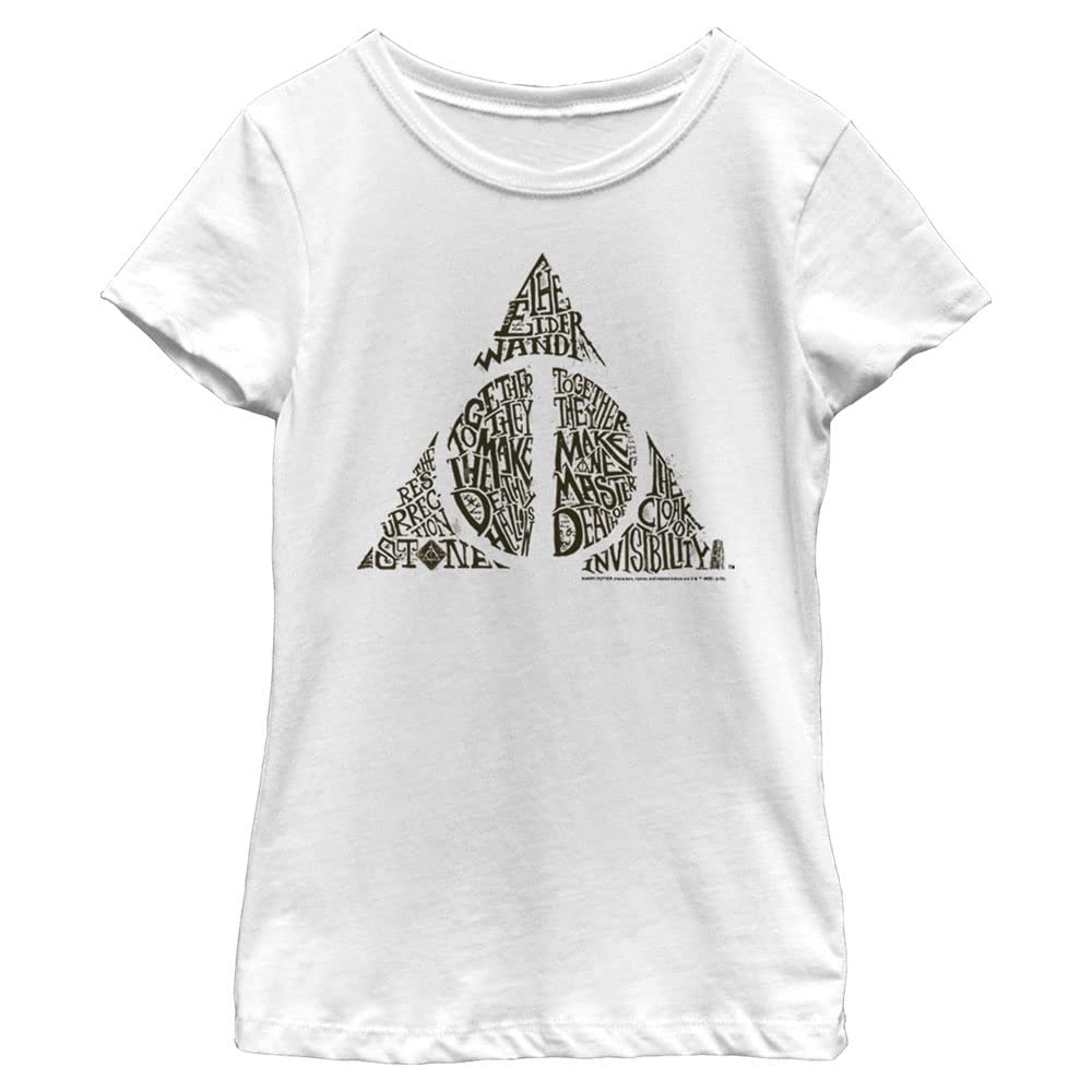 Harry Potter Girl's Deathly Hallows Text Symbol T-Shirt, White, Medium