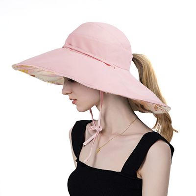 Koreshion Women Ponytail Sun Hat Reversible Fishing Hat Foldable Bowknot Summer Hat UPF 50+ Beach Cap Wide Brim Bucket Hat Pink