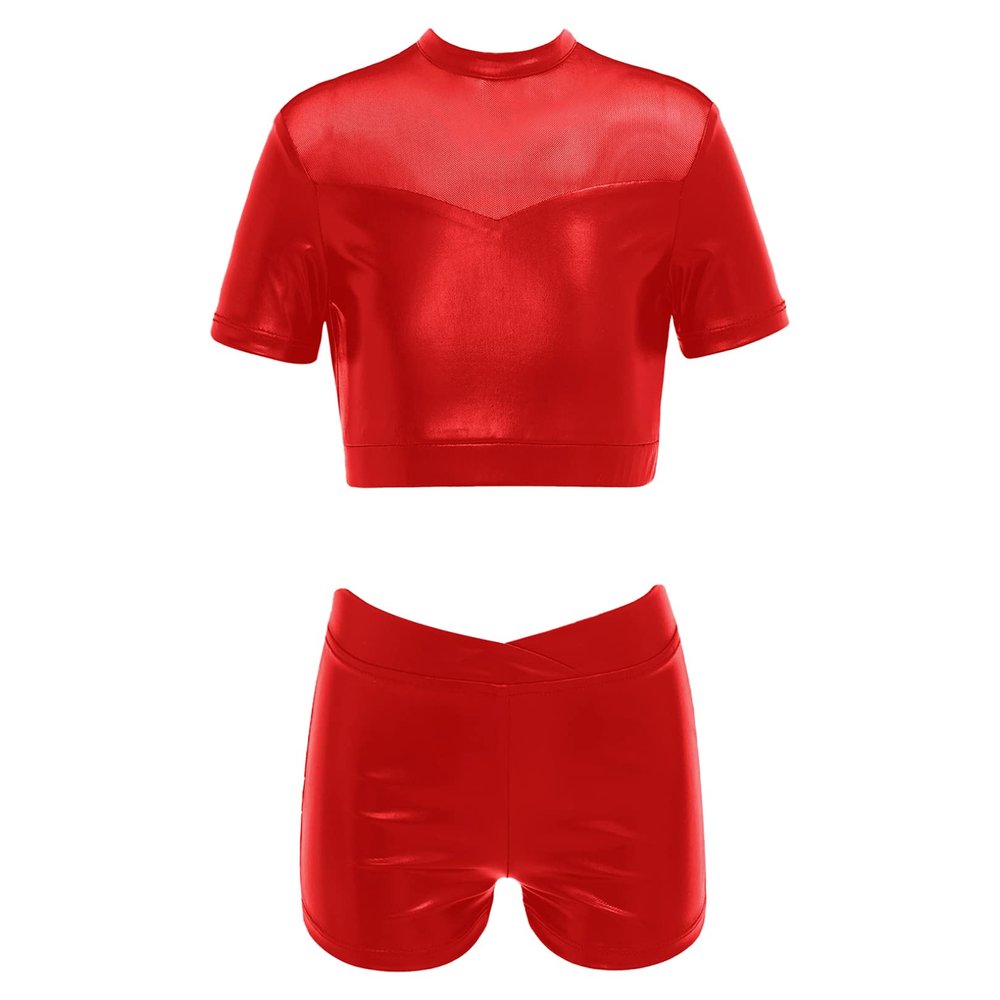 easyforever Kids Girls Dance Outfits Gymnastics Leotard Training Suit Sports Bra Crop Top with Shorts Set Red B 16