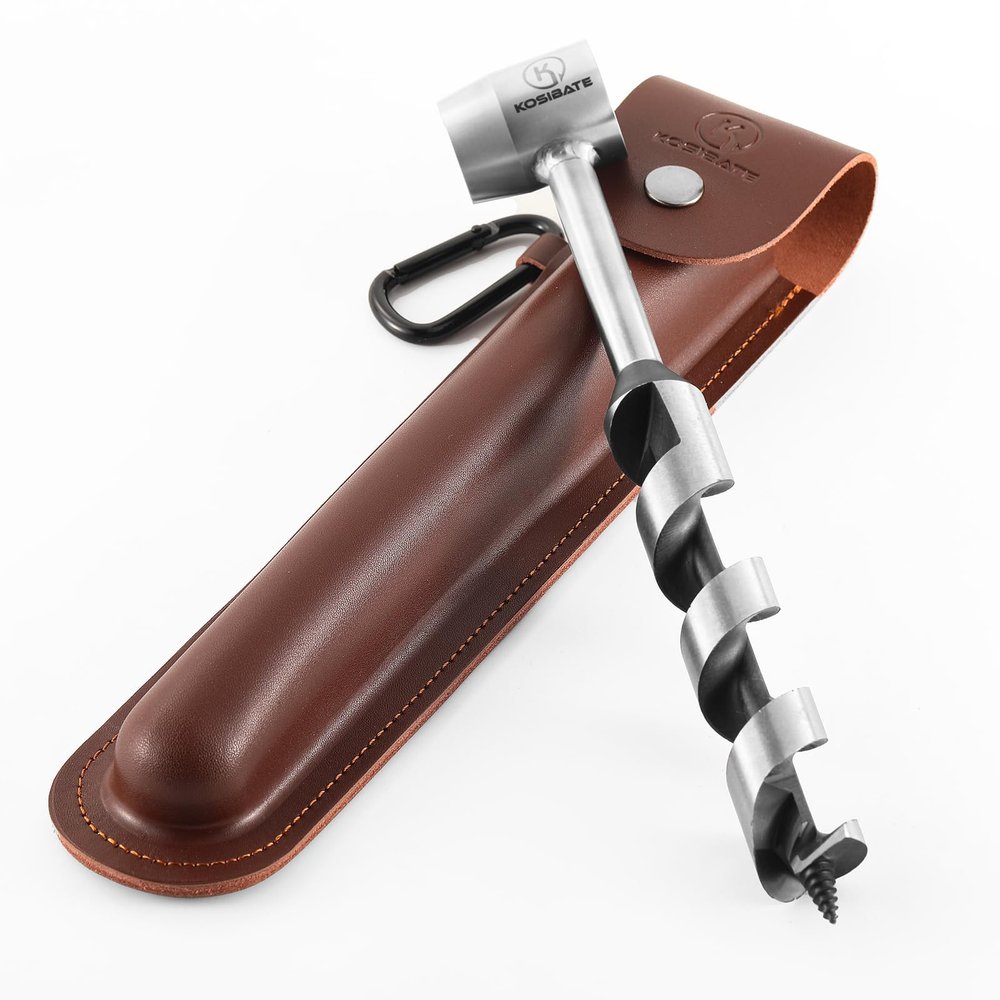 Kosibate Bushcraft Gear, Hand Auger Wrench for Easy Wood Drilling - Settlers Wrench and Bushcraft Tools Perfect for Camping and Woodworking Tasks-Scotch Eye Wood Drill with Leather Case Brown.