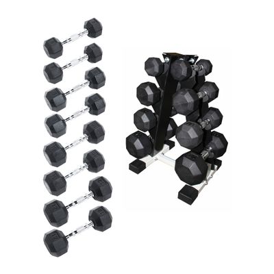 Ader Octagon Rubber Dumbbell Set Space Saving great for Muscle Toning essential Grip w/Rack, 4 Pairs