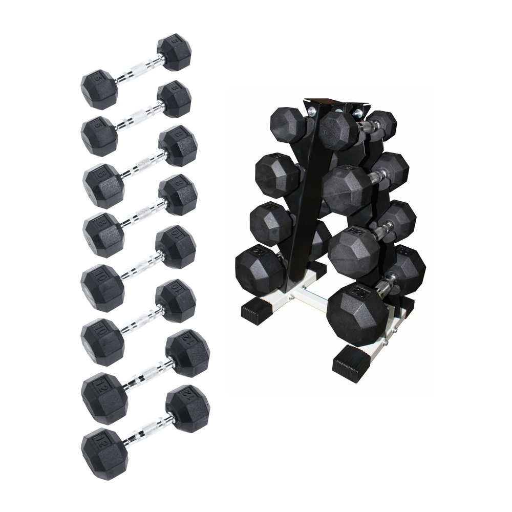 Ader Octagon Rubber Dumbbell Set Space Saving great for Muscle Toning essential Grip w/Rack, 4 Pairs