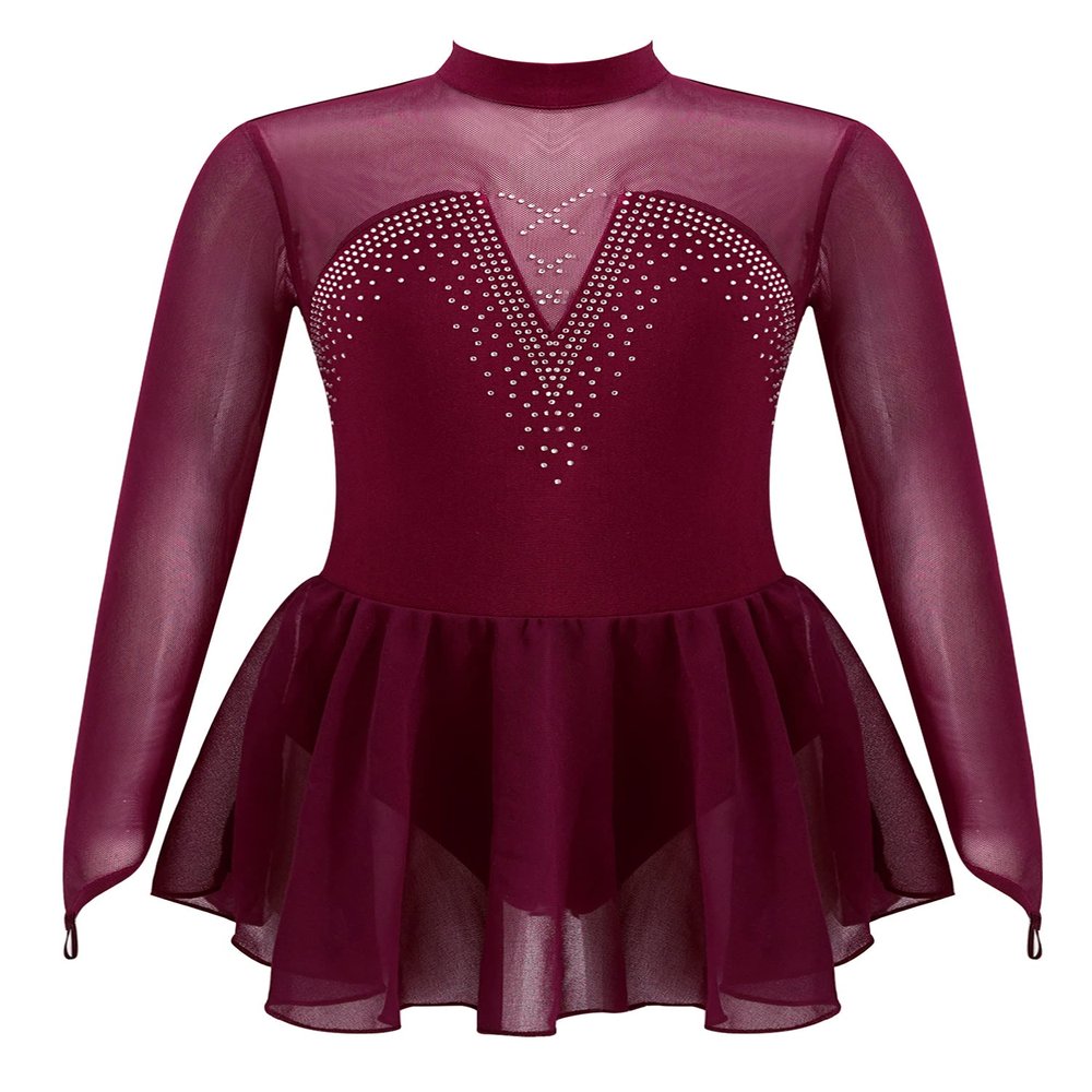 Aislor Girls Figure Roller Ice Skating Dress Long Sleeve Skirted Keyhole Back Leotards Bodysuit Ballerina Dance Dress #9Burgundy 6 Years