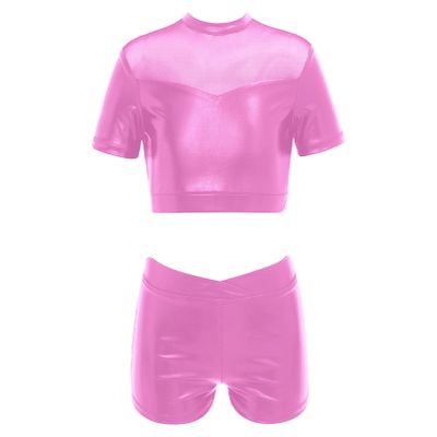easyforever Kids Girls Dance Outfits Gymnastics Leotard Training Suit Sports Bra Crop Top with Shorts Set Pink B 14
