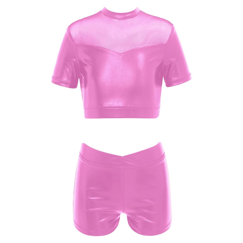 easyforever Kids Girls Dance Outfits Gymnastics Leotard Training Suit Sports Bra Crop Top with Shorts Set Pink B 14