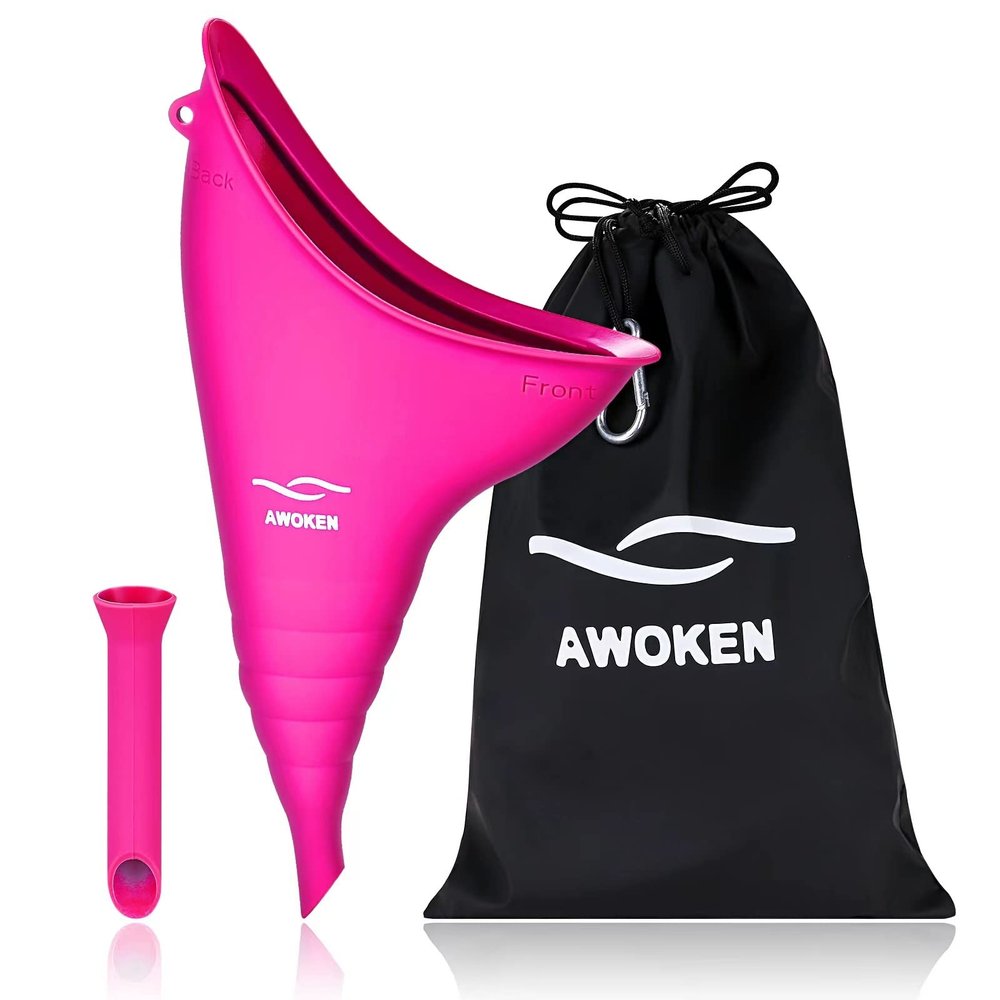 AWOKEN Female Urination Device, Reusable Silicone Female Urinal Women Pee Funnel Women to Pee Standing Up, Female Urinal with Drawstring Bags for Travel and Outdoor Camping (Rose Red)