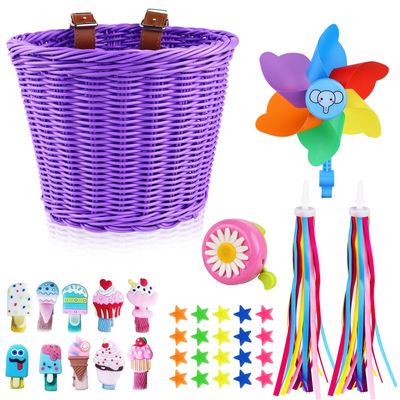 Bicycle Basket for Girls, Kids Bike Basket, Adjustable Bike Basket Front with Bike Streamers Bell Bicycle Windmill Ice Cream Hair Clip, DIY Bike Decoration Accessories Kit for Kids (Purple)