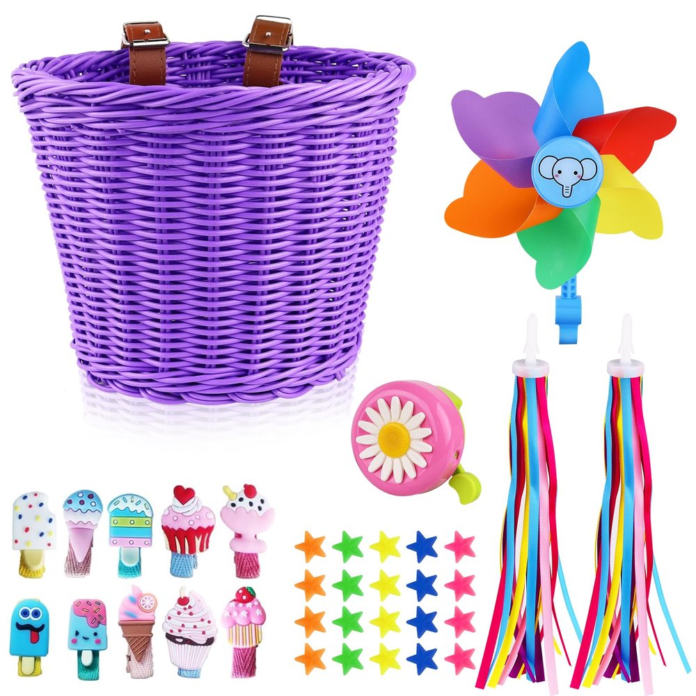 Bicycle Basket for Girls, Kids Bike Basket, Adjustable Bike Basket Front with Bike Streamers Bell Bicycle Windmill Ice Cream Hair Clip, DIY Bike Decoration Accessories Kit for Kids (Purple)