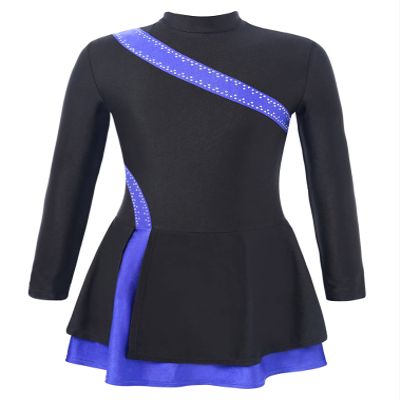 FEESHOW Kids Girls Long Sleeve Shiny Rhinestone Ballet Dance Dress for Leotard Gymnastic Performance Costume Blue 6 Years