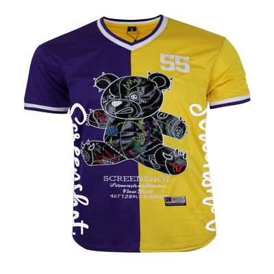 SCREENSHOT-TS1113 Mens Hipster Hip-Hop Premium Urban Sreetwear Fashion Jersey Top - Half Color Block Black Bear Basketball Sports Team Color Short Sleeves Mesh-Purple-Small