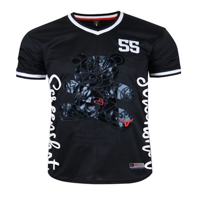 SCREENSHOT-TS1113 Mens Hipster Hip-Hop Premium Urban Sreetwear Fashion Jersey Top - Half Color Block Black Bear Basketball Sports Team Color Short Sleeves Mesh-Black/Black-Small