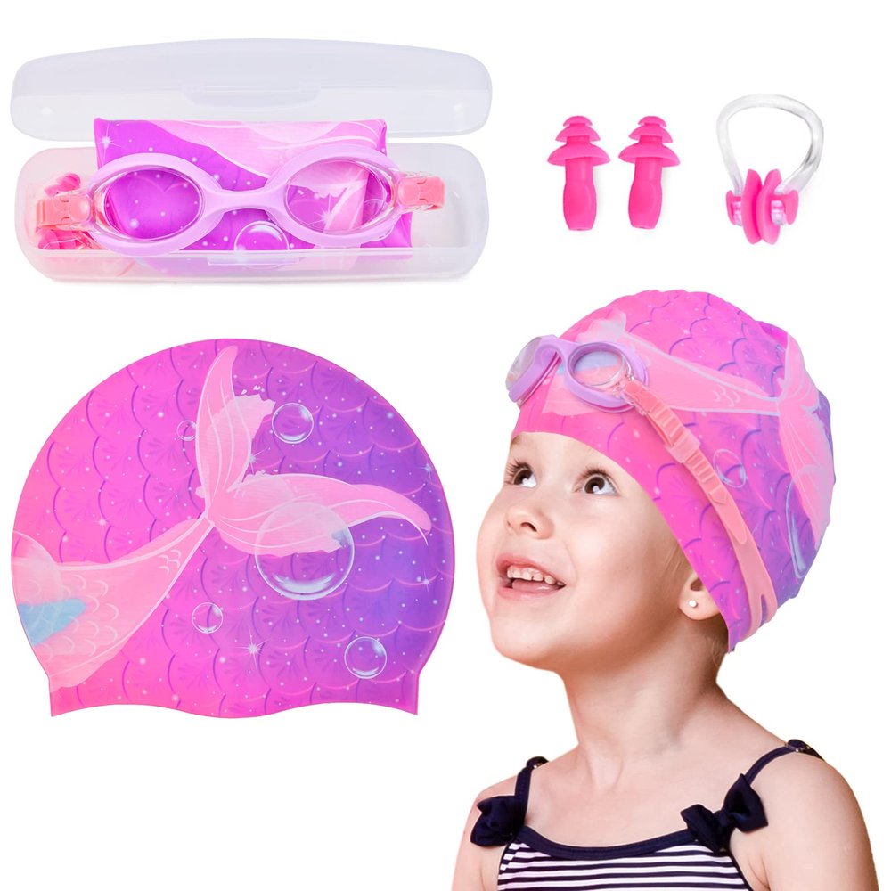 AuSletie Kids Swim Caps for Girls, Silicone Waterproof Swimming Cap for Kids, Durable Comfortable Swimming Caps for Girls