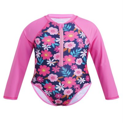 Nikiikoo Kids Girls Long Sleeve One Piece Swimsuits Zipper Rash Guard Swimwear UV Protection Bathing Suit Rose 8 Years