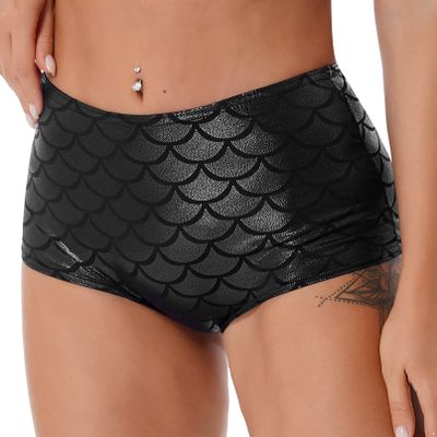 Fldy Women's Mermaid Short Pants Shining Fish Scale Decorative Shorts Hot Shorts Bodycon Swim Bottoms Black One Size
