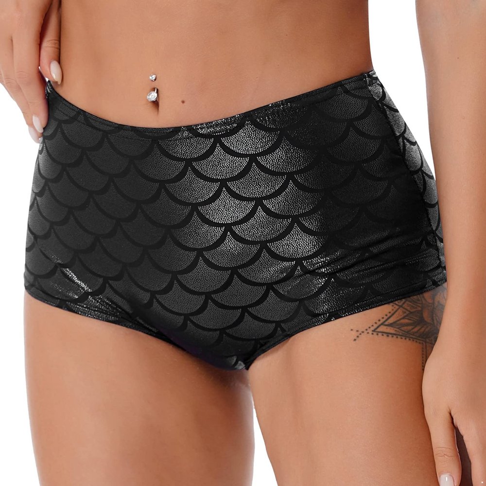 Fldy Women's Mermaid Short Pants Shining Fish Scale Decorative Shorts Hot Shorts Bodycon Swim Bottoms Black One Size