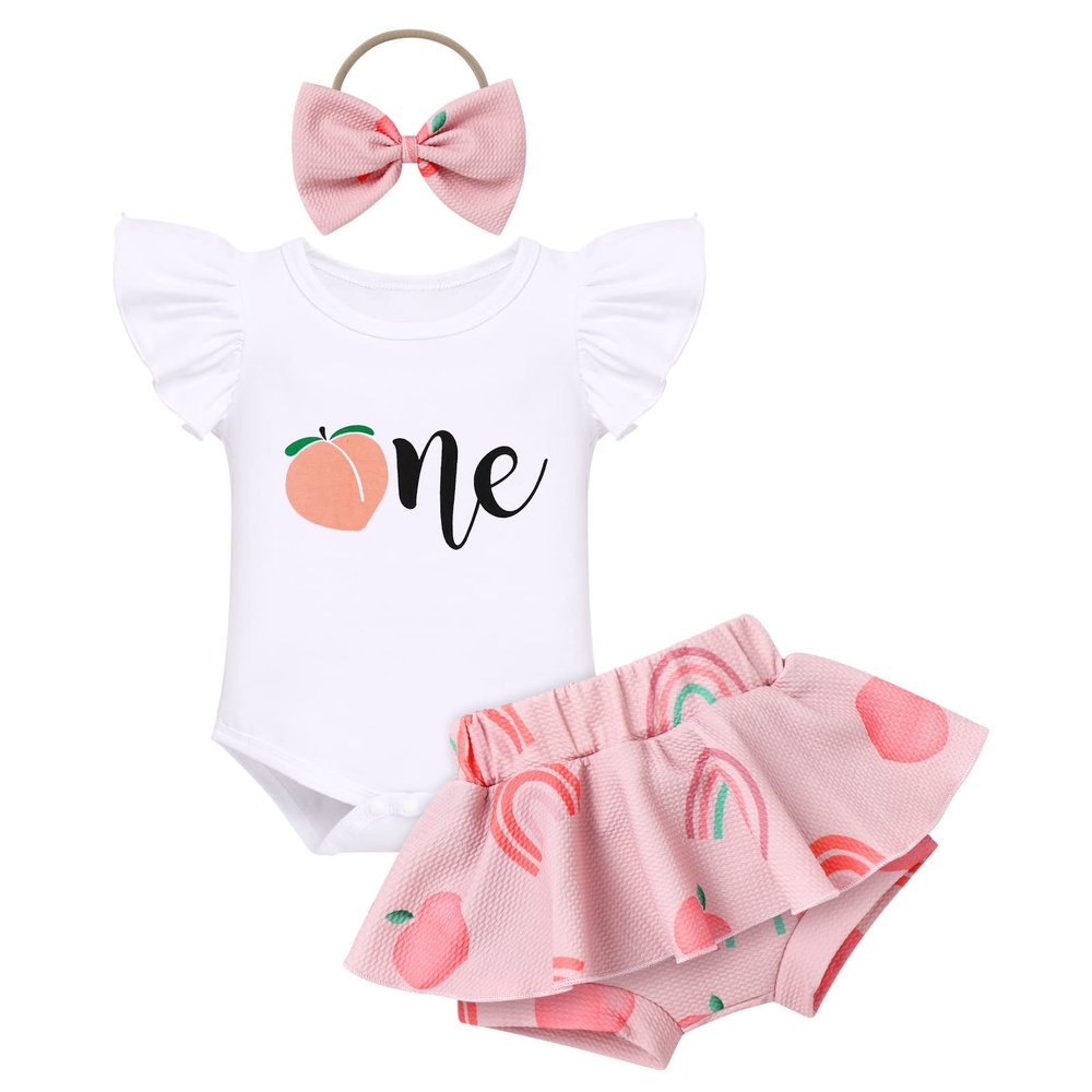 1st First Birthday Outfit Girl Flying Sleeve Ruffled Romper+Tutu Skirt Bloomer Shorts+Headband 3PCS Summer Clothes Baby One Year Old Birthday Gifts Cake Smash Party Photo Shoot Peach 12-18 Months