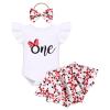 1st First Birthday Outfit Girl Flying Sleeve Ruffled Romper+Tutu Skirt Bloomer Shorts+Headband 3PCS Summer Clothes Baby One Year Old Birthday Gifts Cake Smash Party Photo Shoot Bowknot 12-18 Months view 1