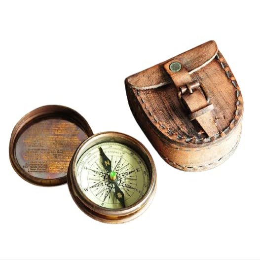 Antiqued Brass Poem Compass with Leather Case