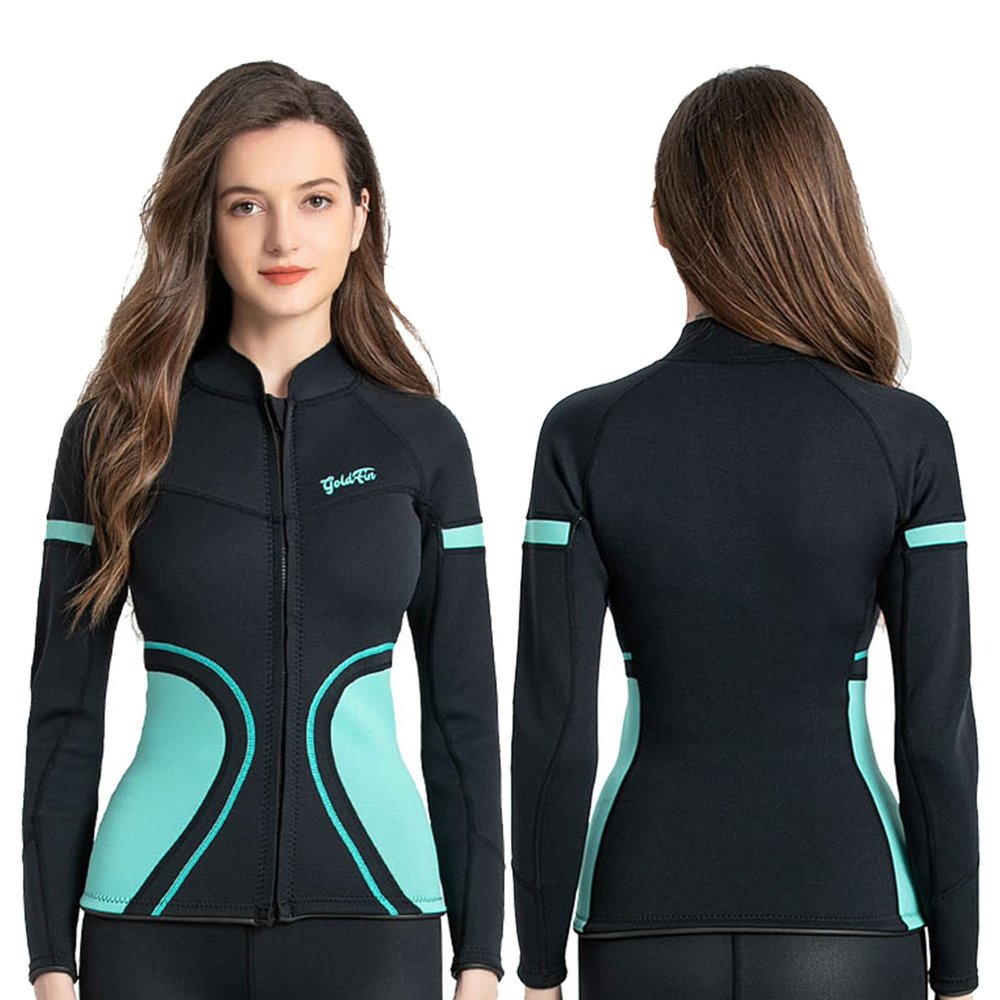 GoldFin Wetsuit Top Womens 2mm Neoprene Wetsuit Jacket Ladies Long Sleeve Wetsuit for Water Aerobics Diving Surfing Kayaking Swimming in Cold Water (Black Top, XS)