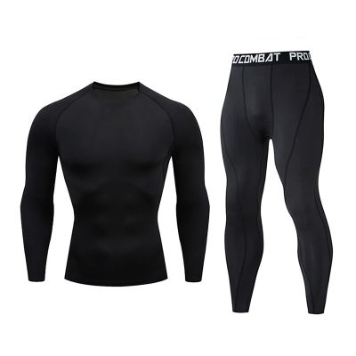 NaRHbrg Men's Sports Running Workout Set Compression Shirt Pants Top Long Sleeve Sports Tight Base Layer Quick Dry