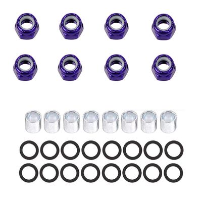 8 Pieces Skateboard Truck Color Nuts and 16 Pieces Skateboard Truck Axle Washers and 8pcs Precision Spacers for Longboards and Skateboard Hardware Kit (Purple Nuts)