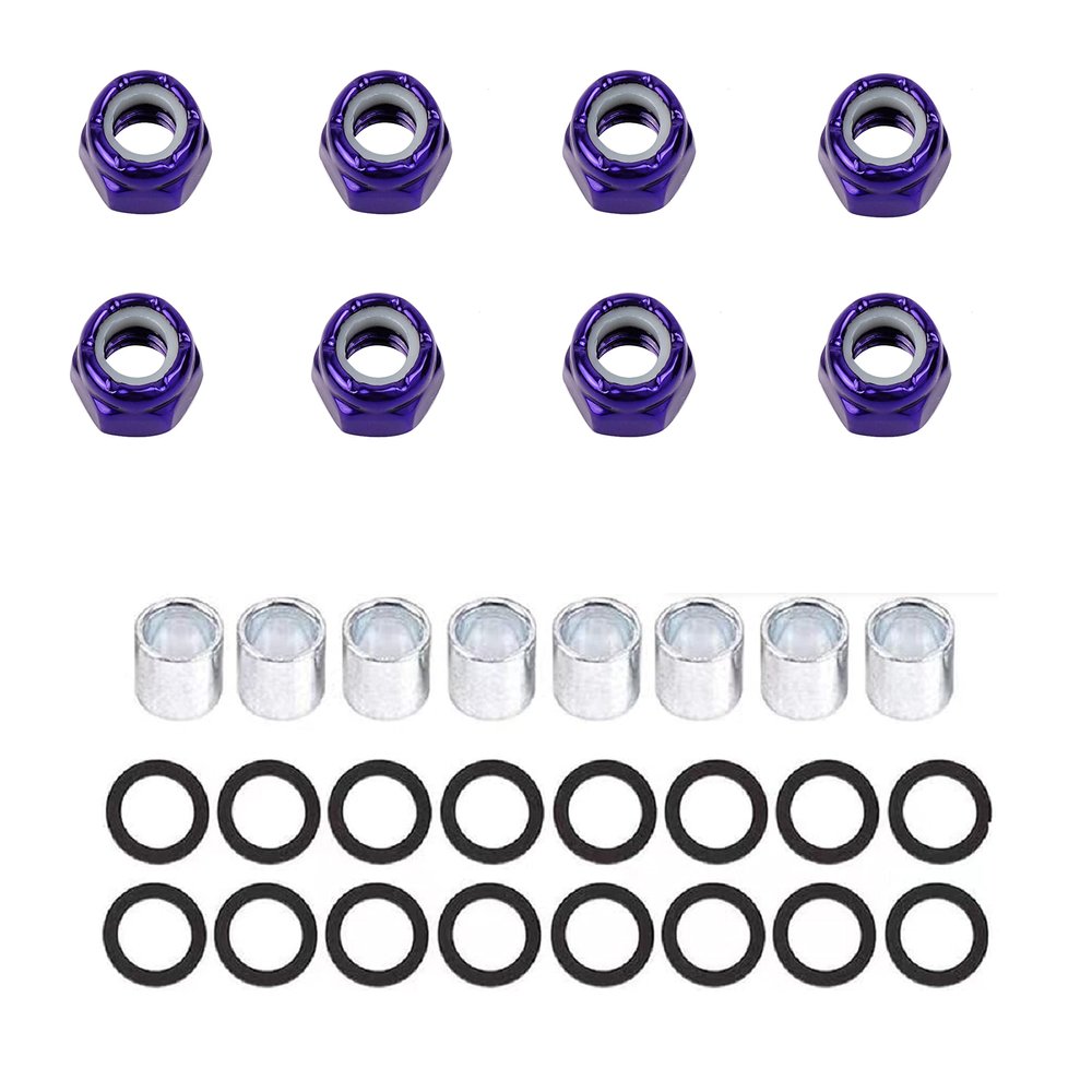 8 Pieces Skateboard Truck Color Nuts and 16 Pieces Skateboard Truck Axle Washers and 8pcs Precision Spacers for Longboards and Skateboard Hardware Kit (Purple Nuts)
