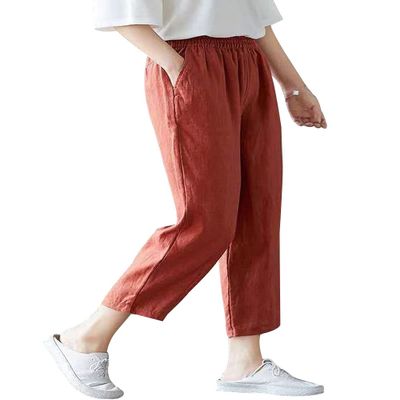 Kangqifen Summer Cotton Linen Soft Cropped Pants with Elastic Waist Pockets for Women Teen Girls(Red,10)