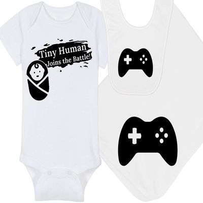Gaming Baby Onesie and Bib - Tiny Human Joins The Battle - Game Controller (12-18 Month - White Fabric - Black Design)
