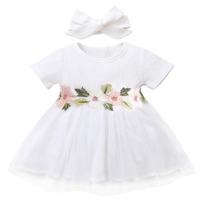 AGQT Toddler Girls Baptism Dress 3D Flower Lace Birthday Wedding Short Sleeve Vintage Summer Christening Knit Dress with Headband White Size 2-3T
