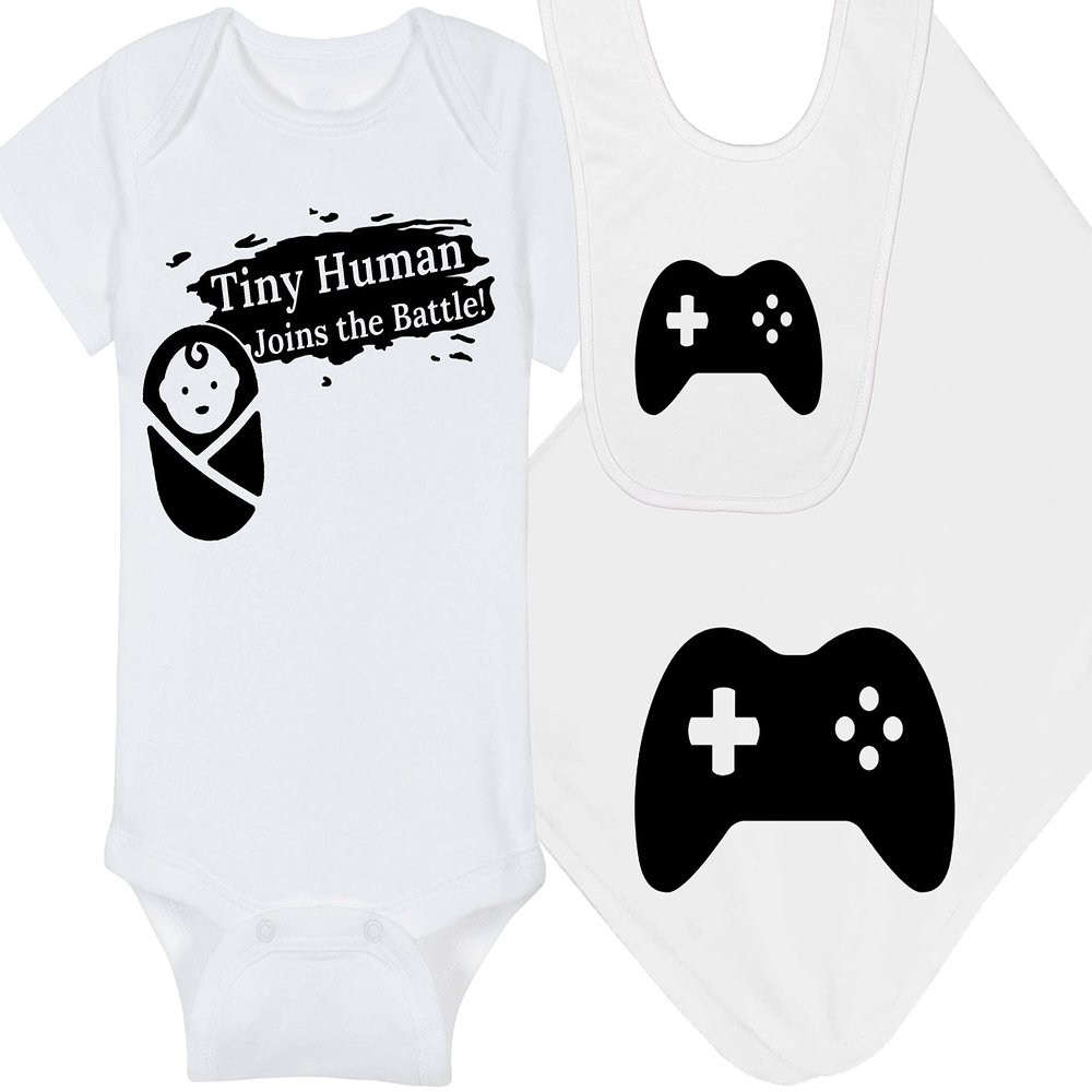 Gaming Baby Onesie and Bib - Tiny Human Joins The Battle - Game Controller (0-3 Month - White Fabric - Black Design)