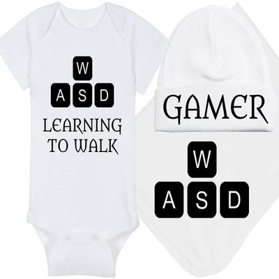 Gaming Baby Onesie and Bib - Learning To Walk WASD - WASD Keys (6-12 Month - White Fabric - Black Design)